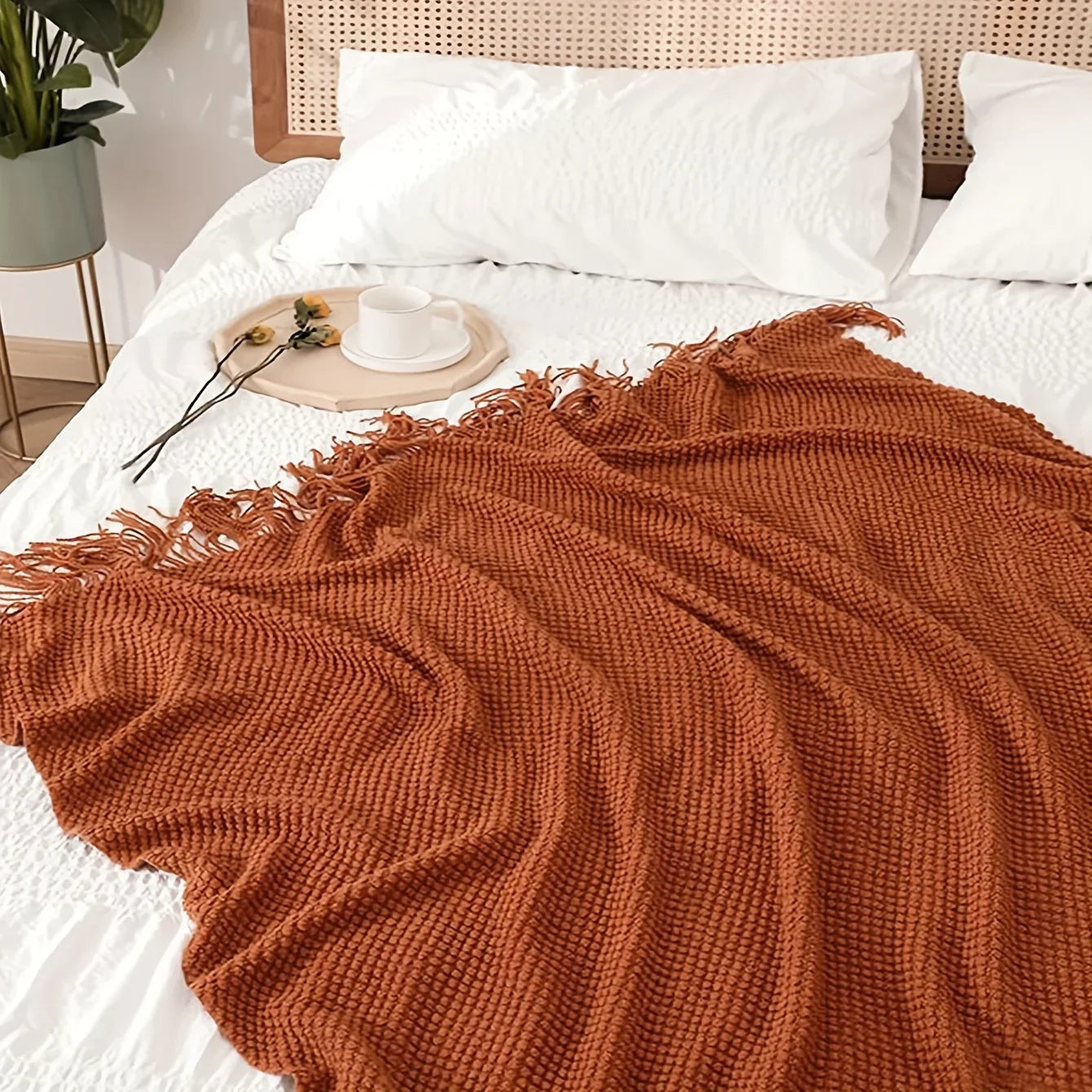 Soft Orange Throw Knitted Blanket with Tassels