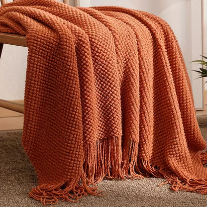 Soft Orange Throw Knitted Blanket with Tassels - Befez