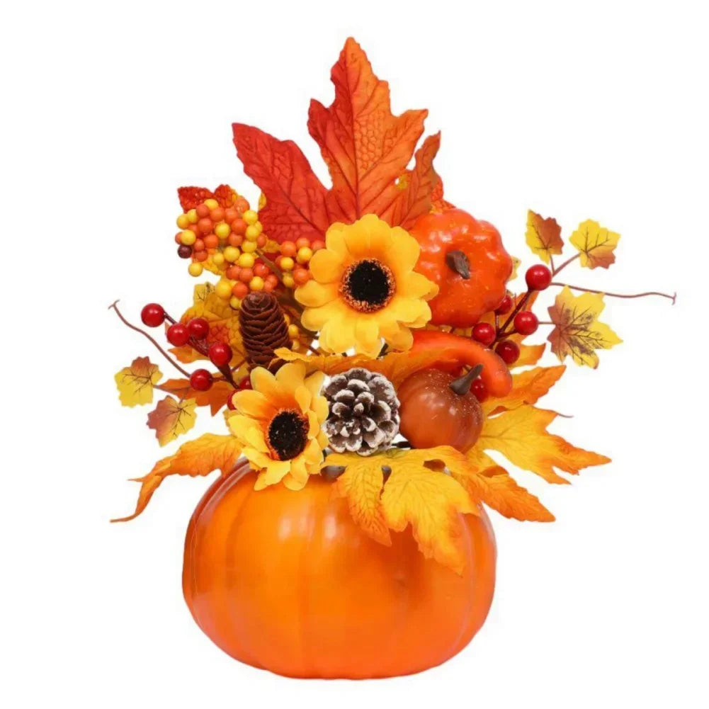 Fall Decorative Pumpkin with Fake Flowers Vase
