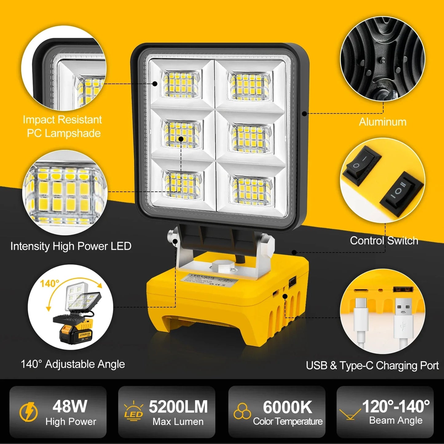 Bright 48 LED Portable Worksite Spotlight 5200 Lumen