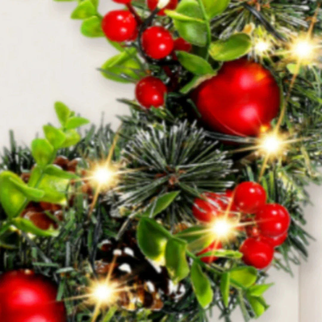 Befez Lunoria Christmas Wreath with LED Lights & Red Decor - Befez