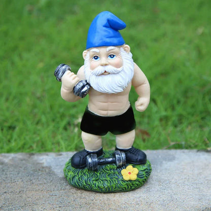 Quirky Garden Gnome Resin Statue Weightlifter Decor