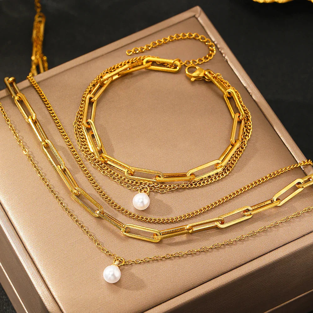Delicate Pearl Chain Layering Necklace Set