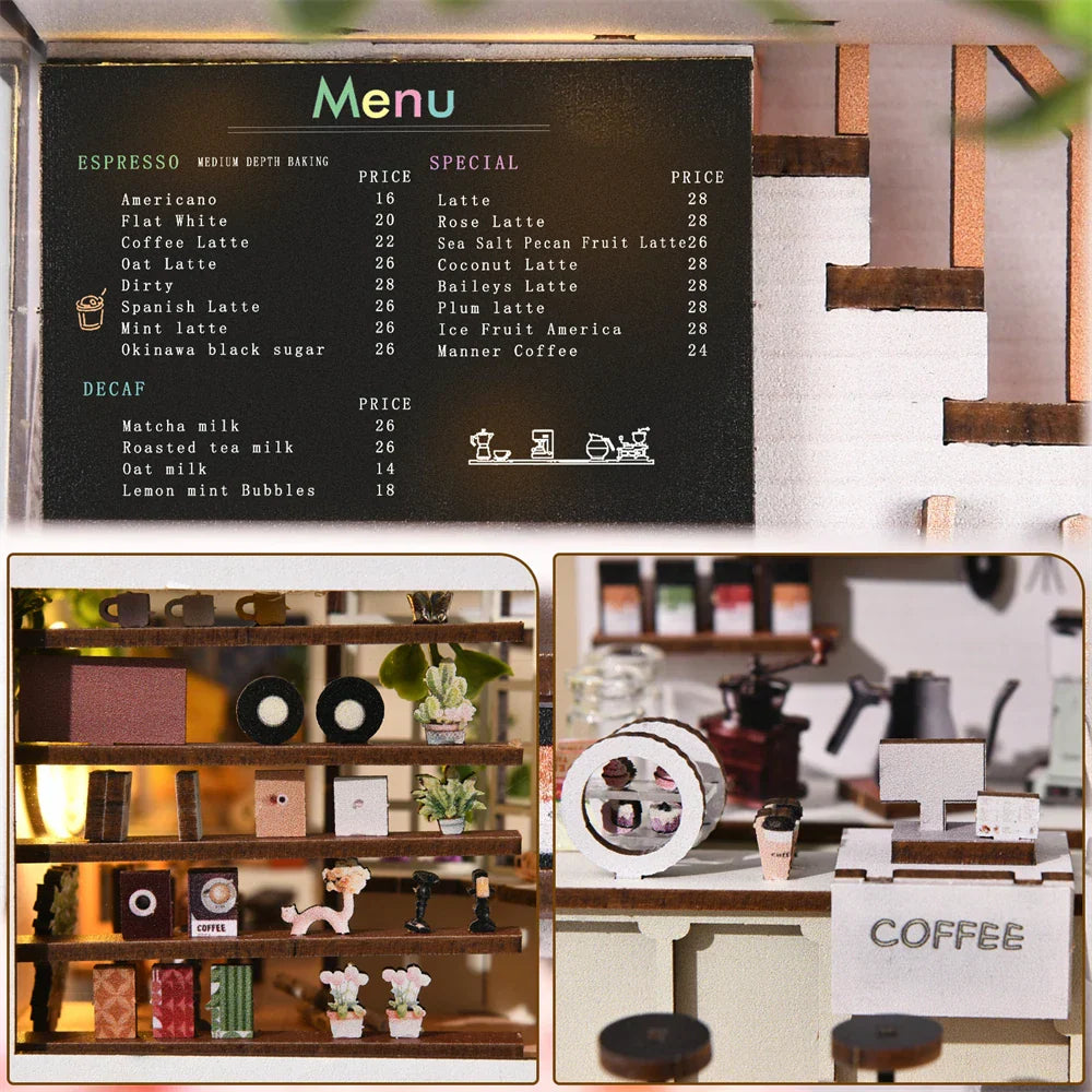 Cozy Mini Coffee Shop Bookshelf Kit with LED Lights