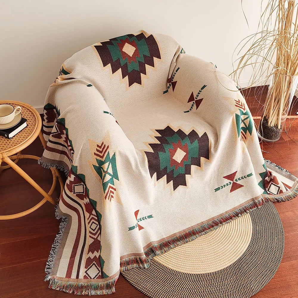 Large Southwestern Style Fringed Throw Blanket