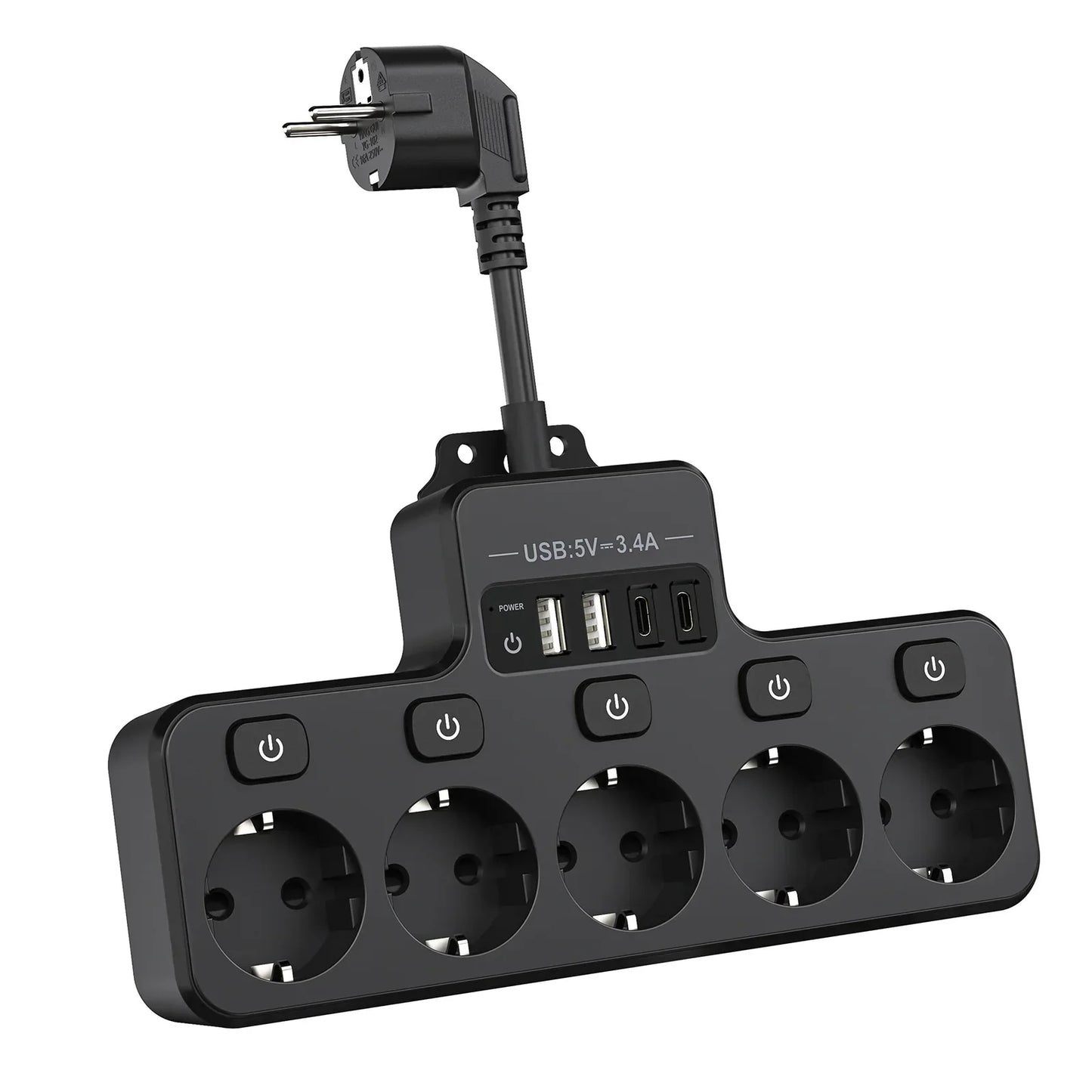 Compact EU Power Strip with 5 Outlets and 4 USB Ports - Befez