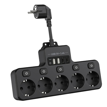 Compact EU Power Strip with 5 Outlets and 4 USB Ports - Befez