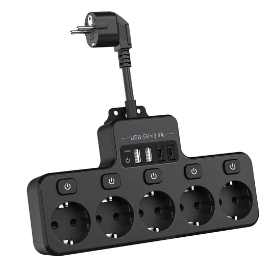Compact EU Power Strip with 5 Outlets and 4 USB Ports - Befez