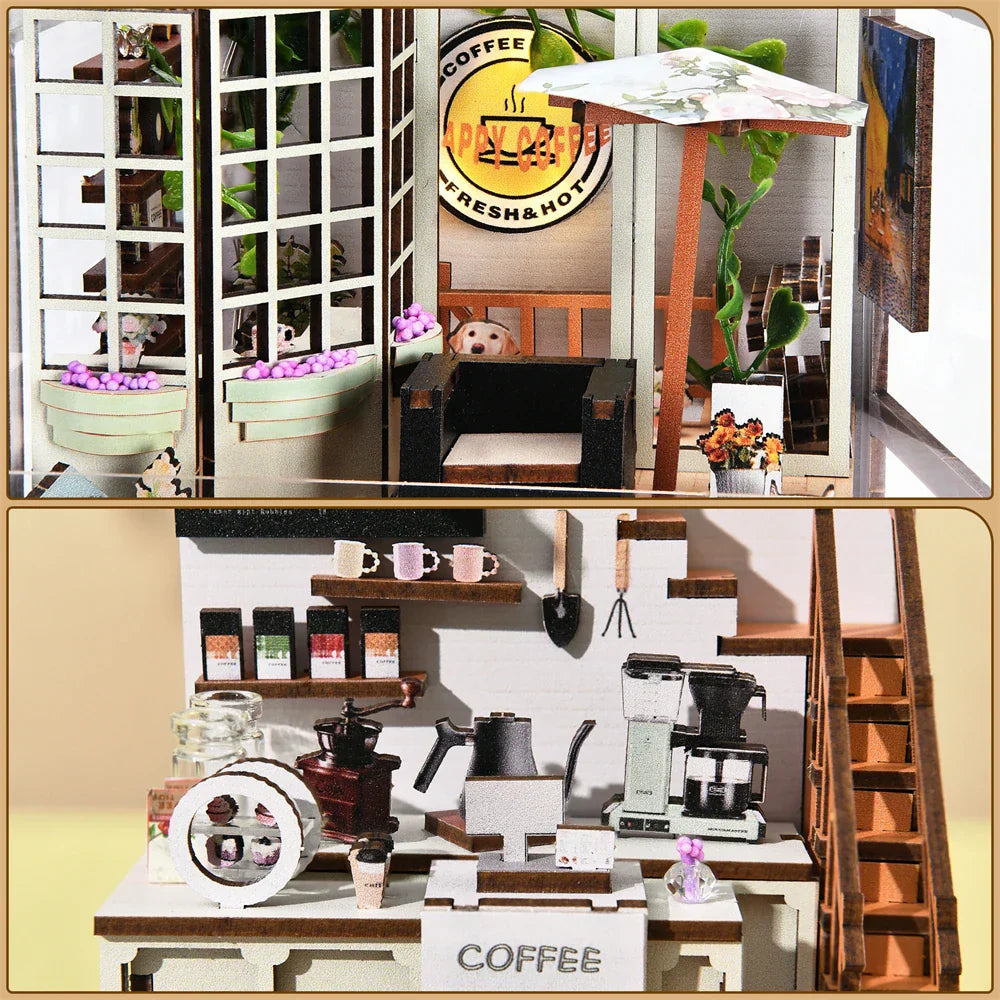 Cozy Mini Coffee Shop Bookshelf Kit with LED Lights