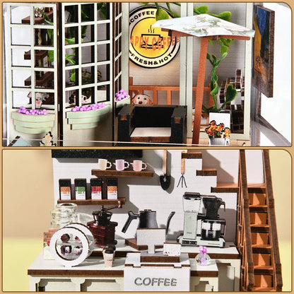 Cozy Mini Coffee Shop Bookshelf Kit with LED Lights