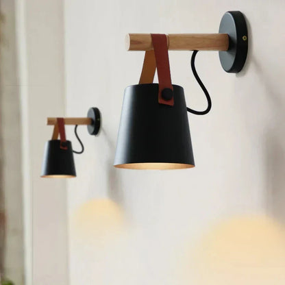 Rustic LED Wooden Wall Light with Brown Leather Strap