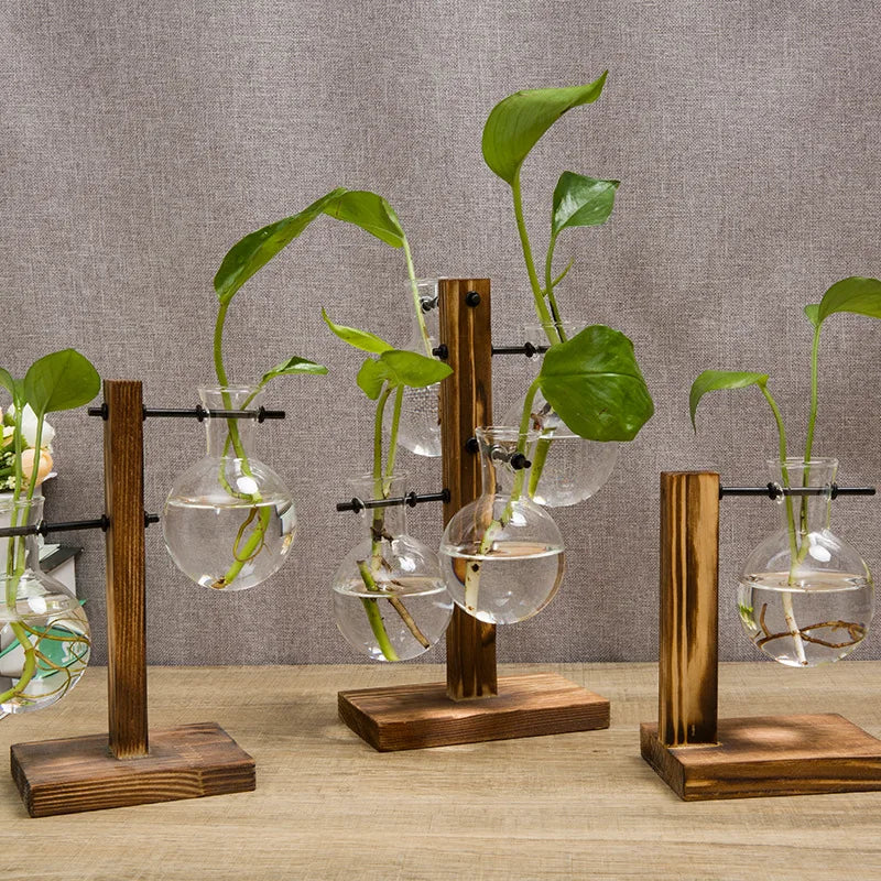Rustic Wood Glass Vase Set for Fresh Flowers