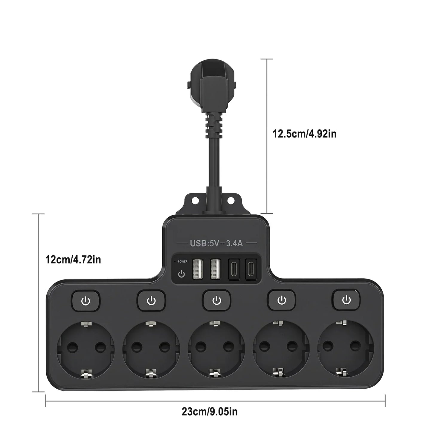Compact EU Power Strip with 5 Outlets and 4 USB Ports