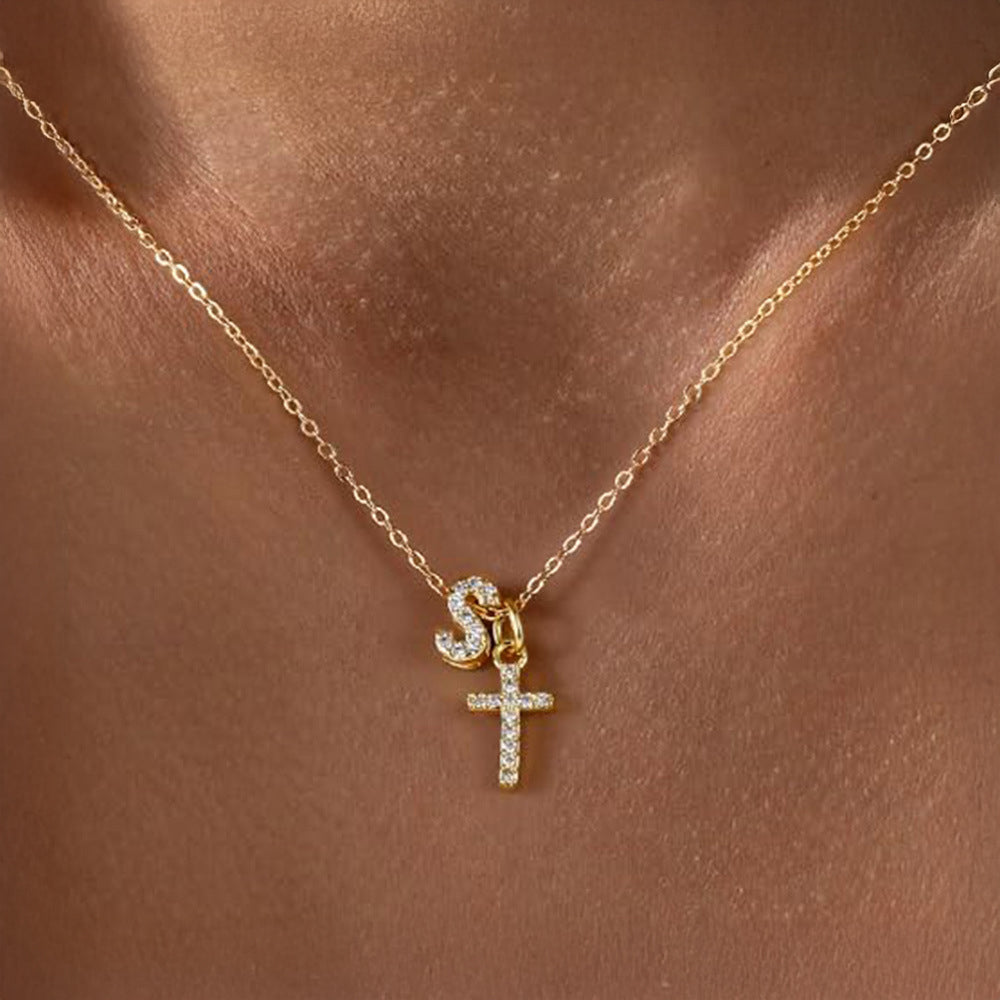 Delicate Initial and Cross Pendant Necklace