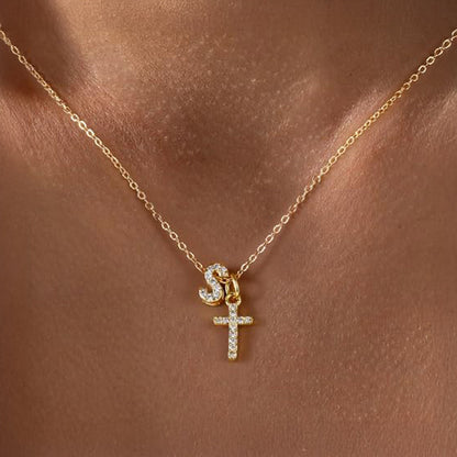 Delicate Initial and Cross Pendant Necklace