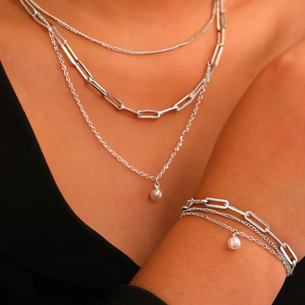 Delicate Pearl Chain Layering Necklace Set