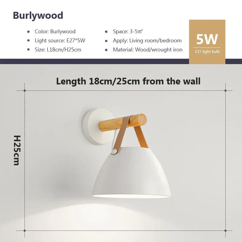 Rustic LED Wooden Wall Light with Brown Leather Strap