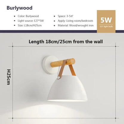 Rustic LED Wooden Wall Light with Brown Leather Strap