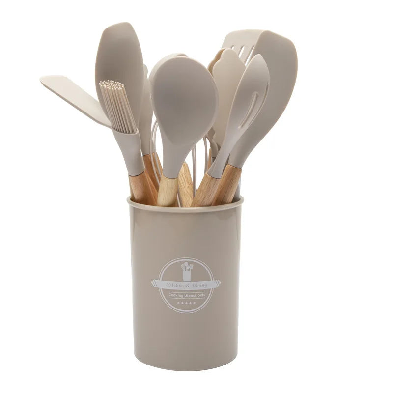 Non-Stick Silicone Kitchen Tool Set with Wood Handles