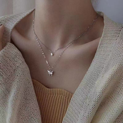 Dainty Feather Double Layer Silver Necklace