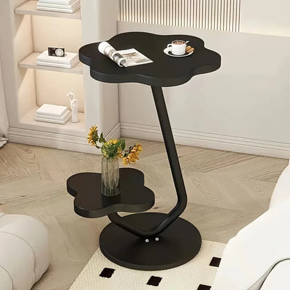 White Floral End Table with Double Shelf and Metal Base