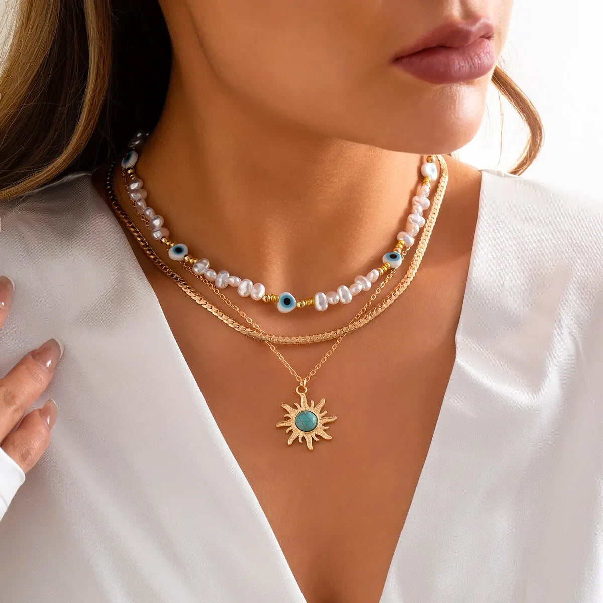 Boho Chic Sunflower Necklace Set with Evil Eye Pendant