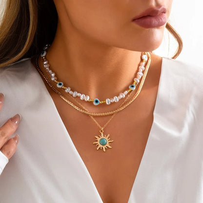Boho Chic Sunflower Necklace Set with Evil Eye Pendant