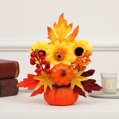 Fall Decorative Pumpkin with Fake Flowers Vase