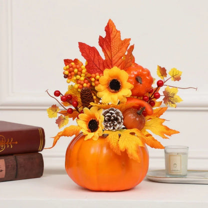Fall Decorative Pumpkin with Fake Flowers Vase