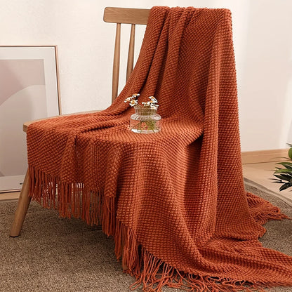 Soft Orange Throw Knitted Blanket with Tassels