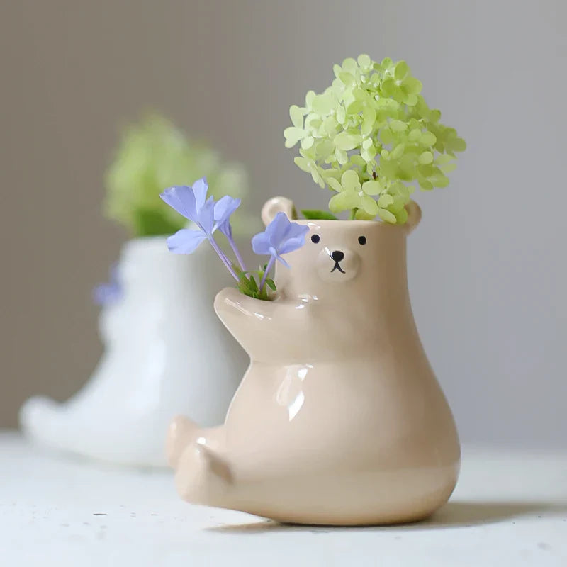 Cute Bear Figurine with Flower Pot