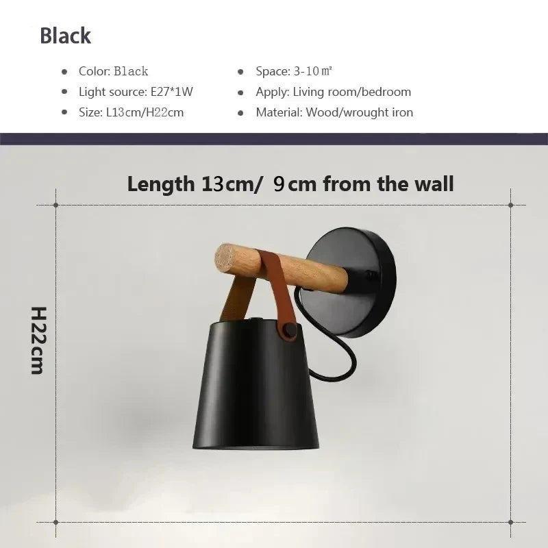 Rustic LED Wooden Wall Light with Brown Leather Strap