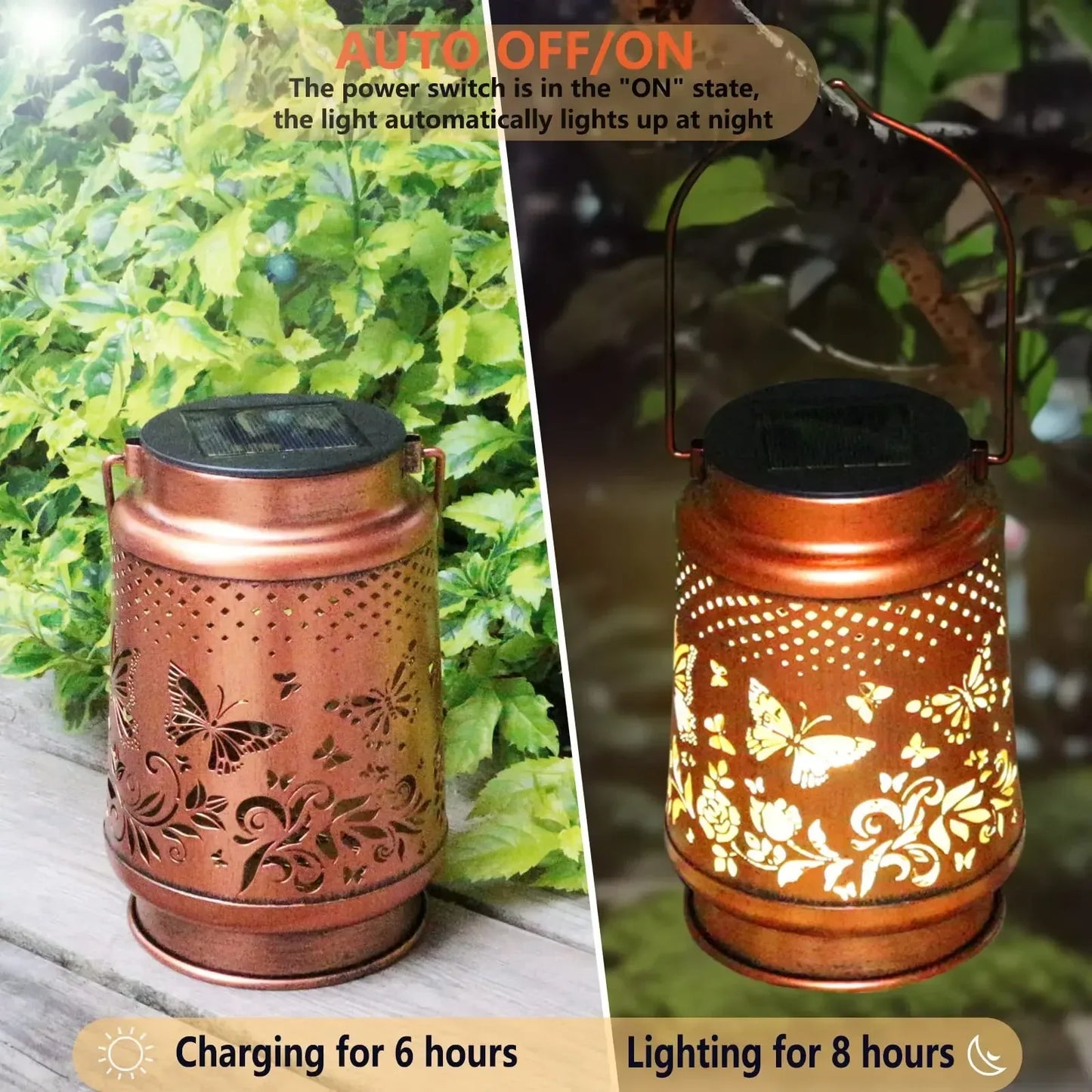 Vintage Solar Lantern with Butterfly Pattern Outdoor Light