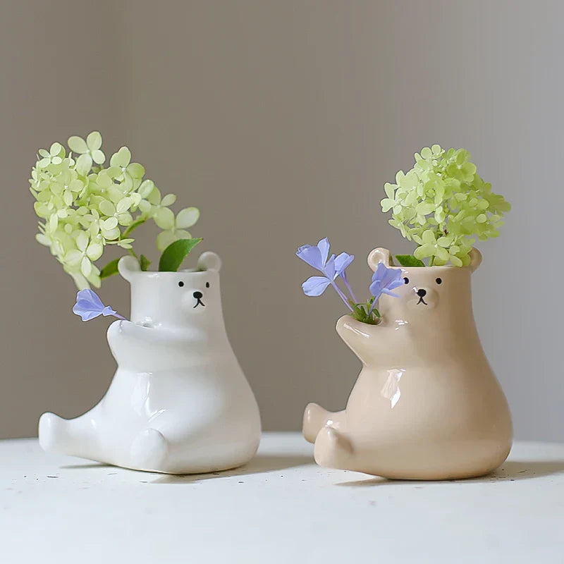Cute Bear Figurine with Flower Pot