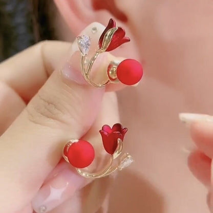 Beautiful Red Bloom Korean Zircon Drop Earrings