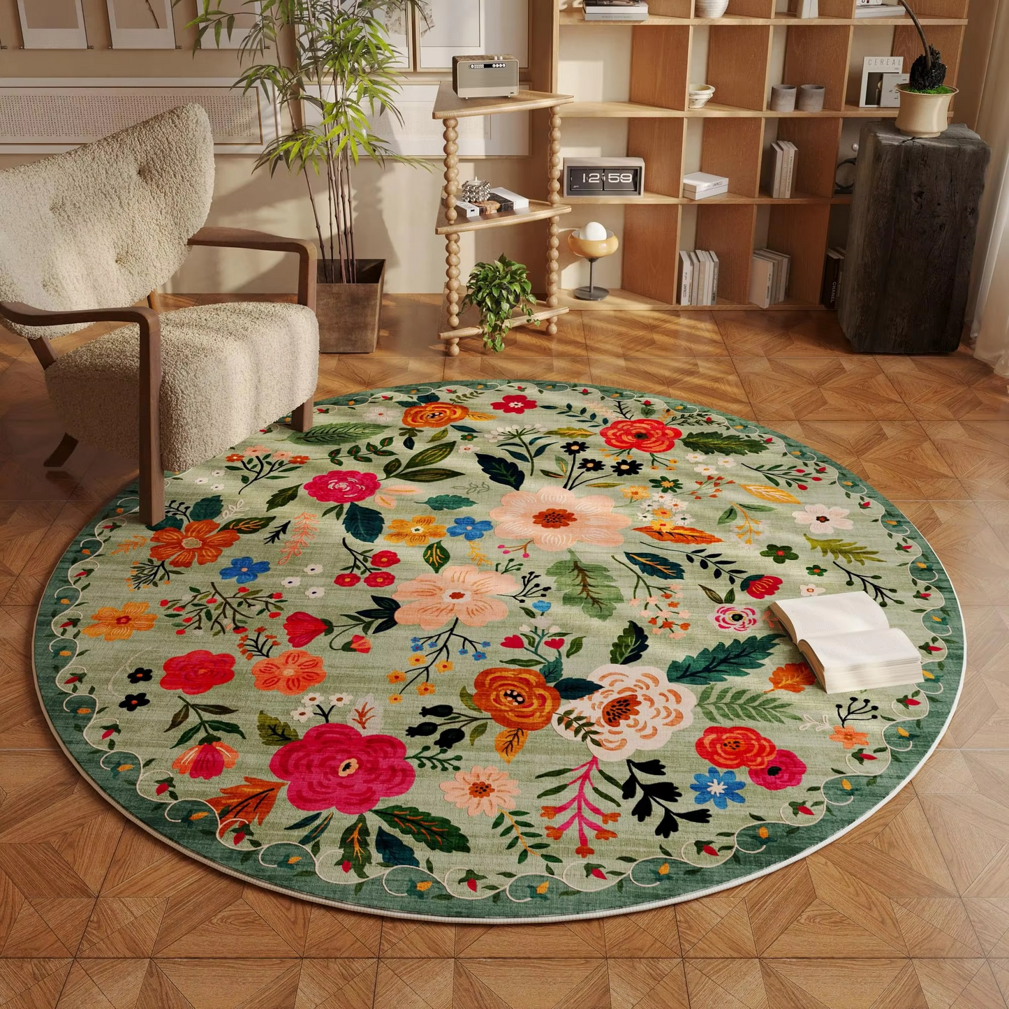 Soft Beige Floral Area Rug with Non Slip Backing