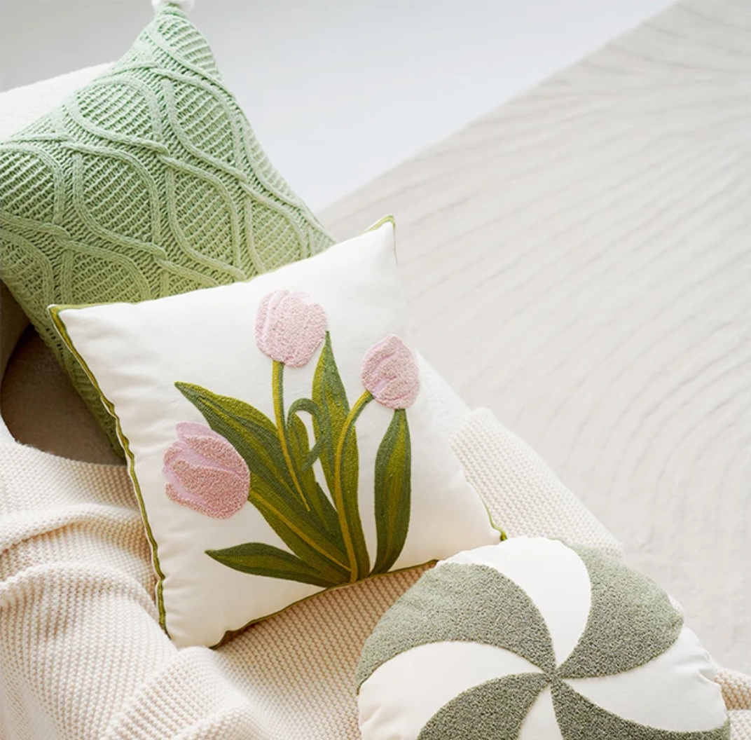 Colorful Floral Embroidered Throw Pillow Cover