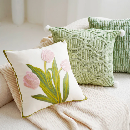 Colorful Floral Embroidered Throw Pillow Cover
