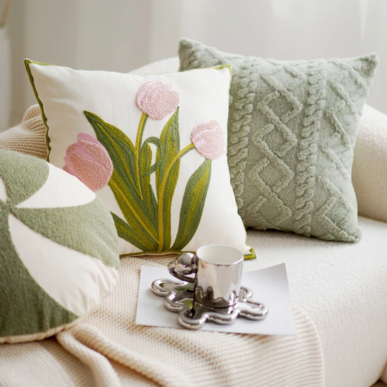 Colorful Floral Embroidered Throw Pillow Cover