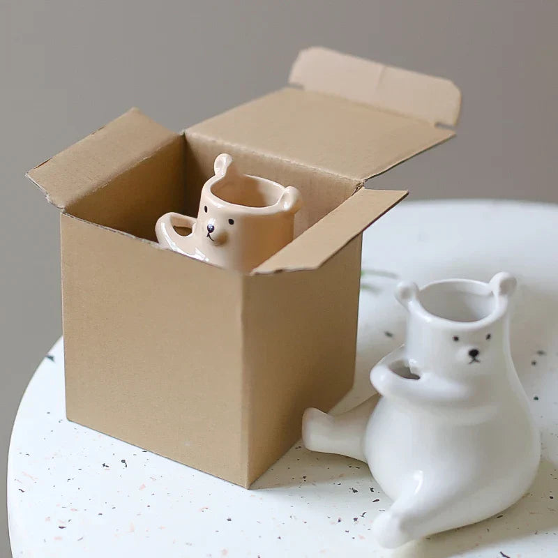 Cute Bear Figurine with Flower Pot