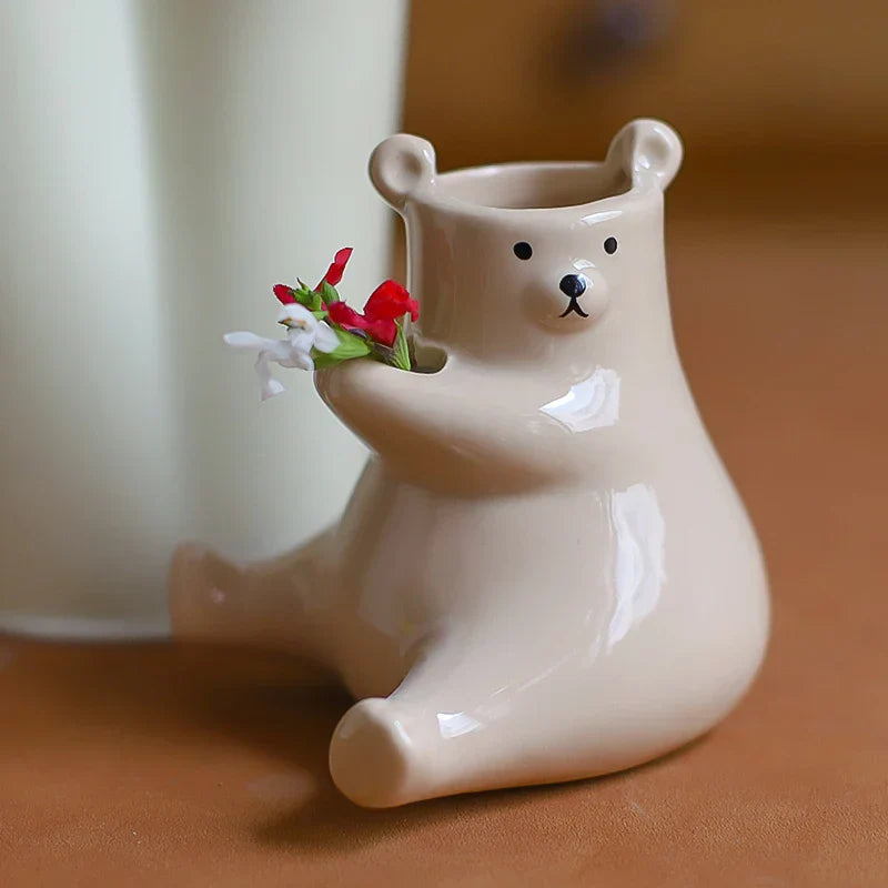 Cute Bear Figurine with Flower Pot