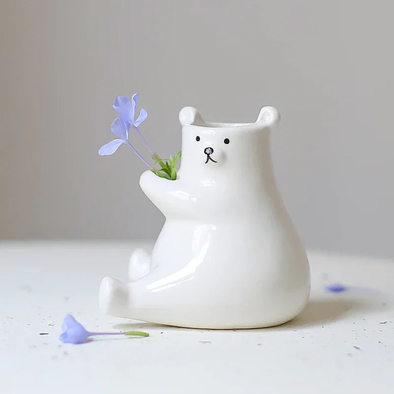 Cute Bear Figurine with Flower Pot