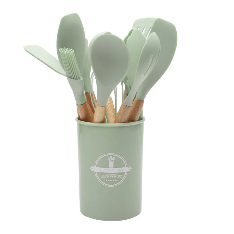 Non-Stick Silicone Kitchen Tool Set with Wood Handles