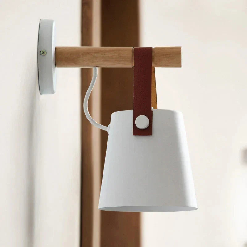 Rustic LED Wooden Wall Light with Brown Leather Strap