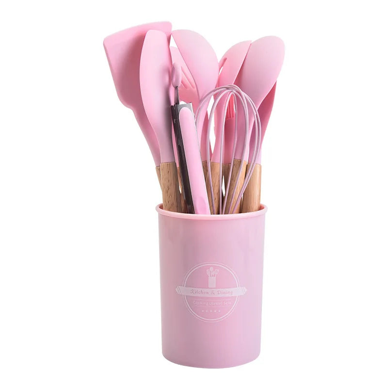 Non-Stick Silicone Kitchen Tool Set with Wood Handles