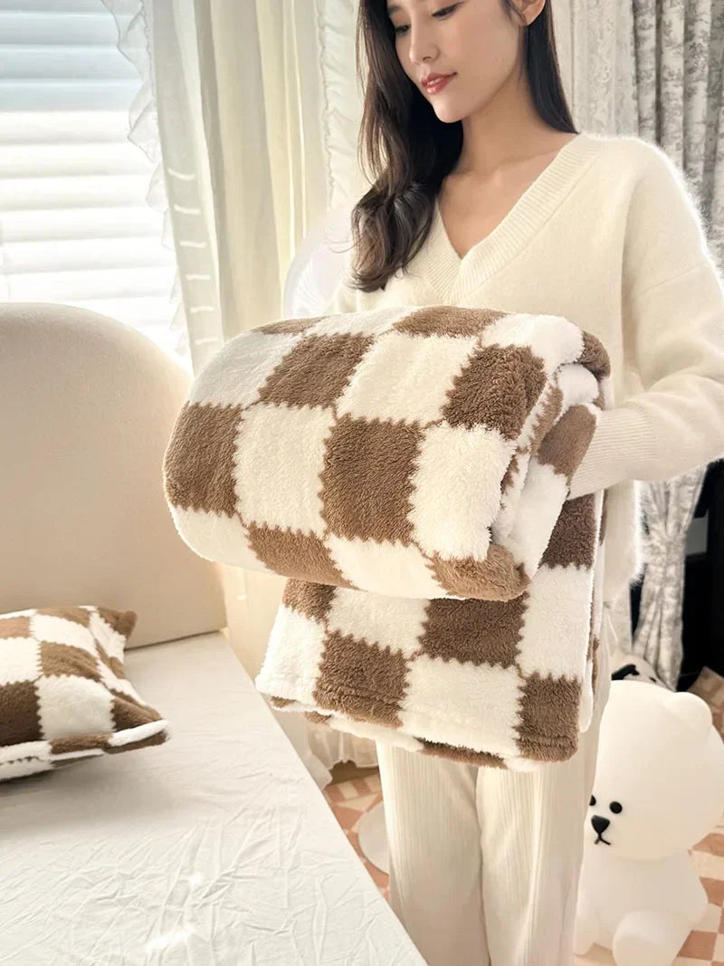Cozy Plush Throw Blanket with Pink Checks