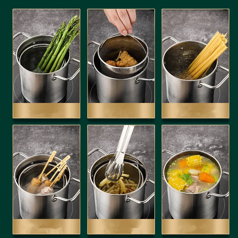 Large Stainless Steel Fry Pan 3L with Strainer & Lid