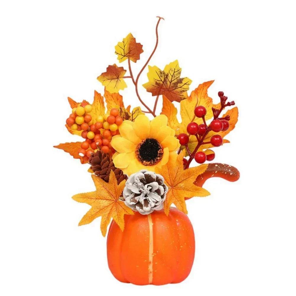 Fall Decorative Pumpkin with Fake Flowers Vase
