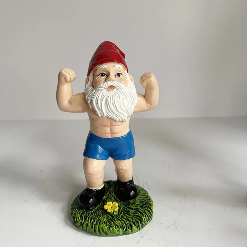 Quirky Garden Gnome Resin Statue Weightlifter Decor