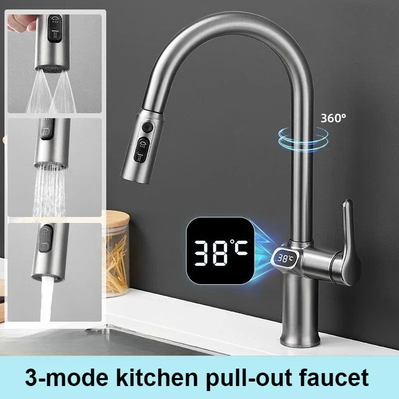 Modern Kitchen Faucet with Touch Screen and Rotating Spout